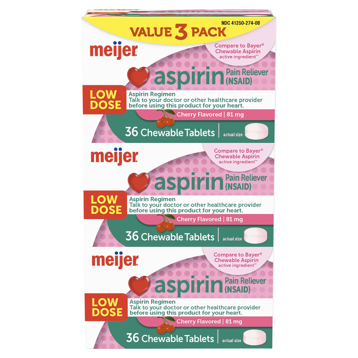 slide 1 of 29, Meijer Aspirin Cherry Chew Tablets, 81mg, 36 ct, 3 ct