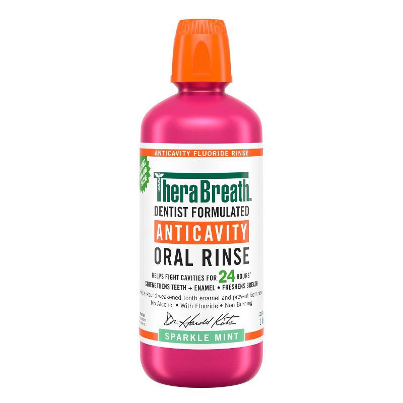 slide 1 of 8, TheraBreath Anticavity Fluoride Mouthwash, Sparkle Mint, Dentist Formulated, 1 Liter, 33.8 fl oz