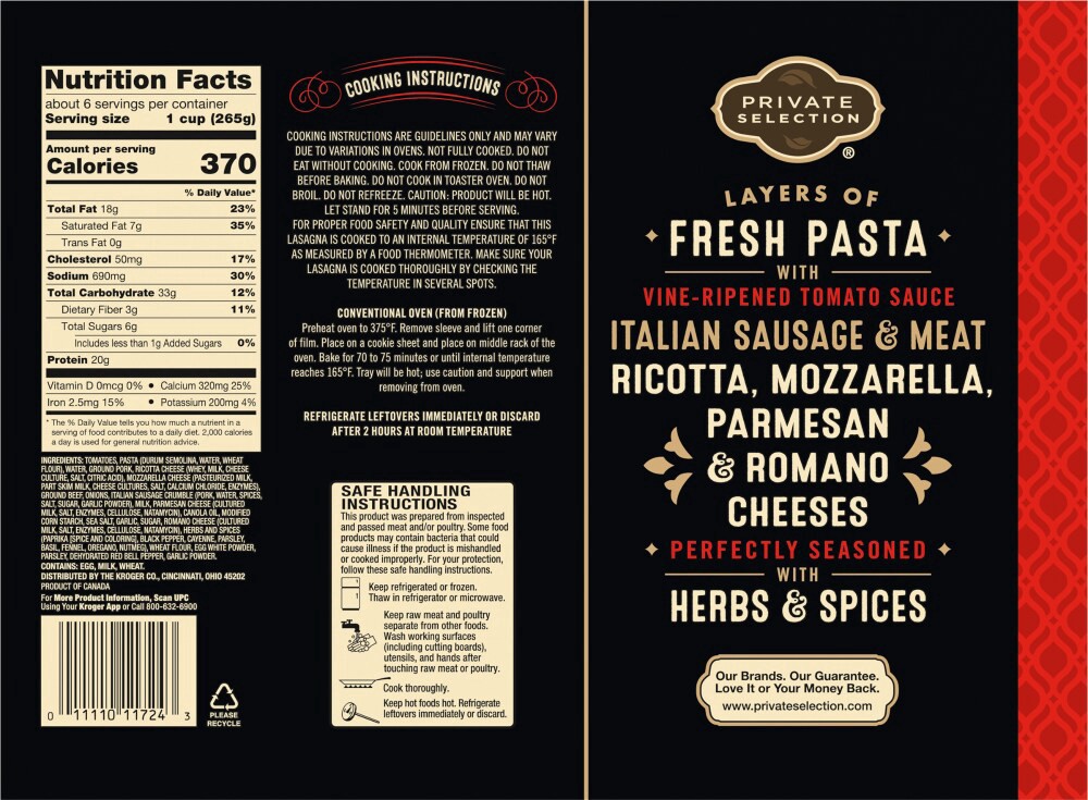 slide 2 of 2, Private Selection Itlatian Sausage & Meat Lasagna, 52 oz
