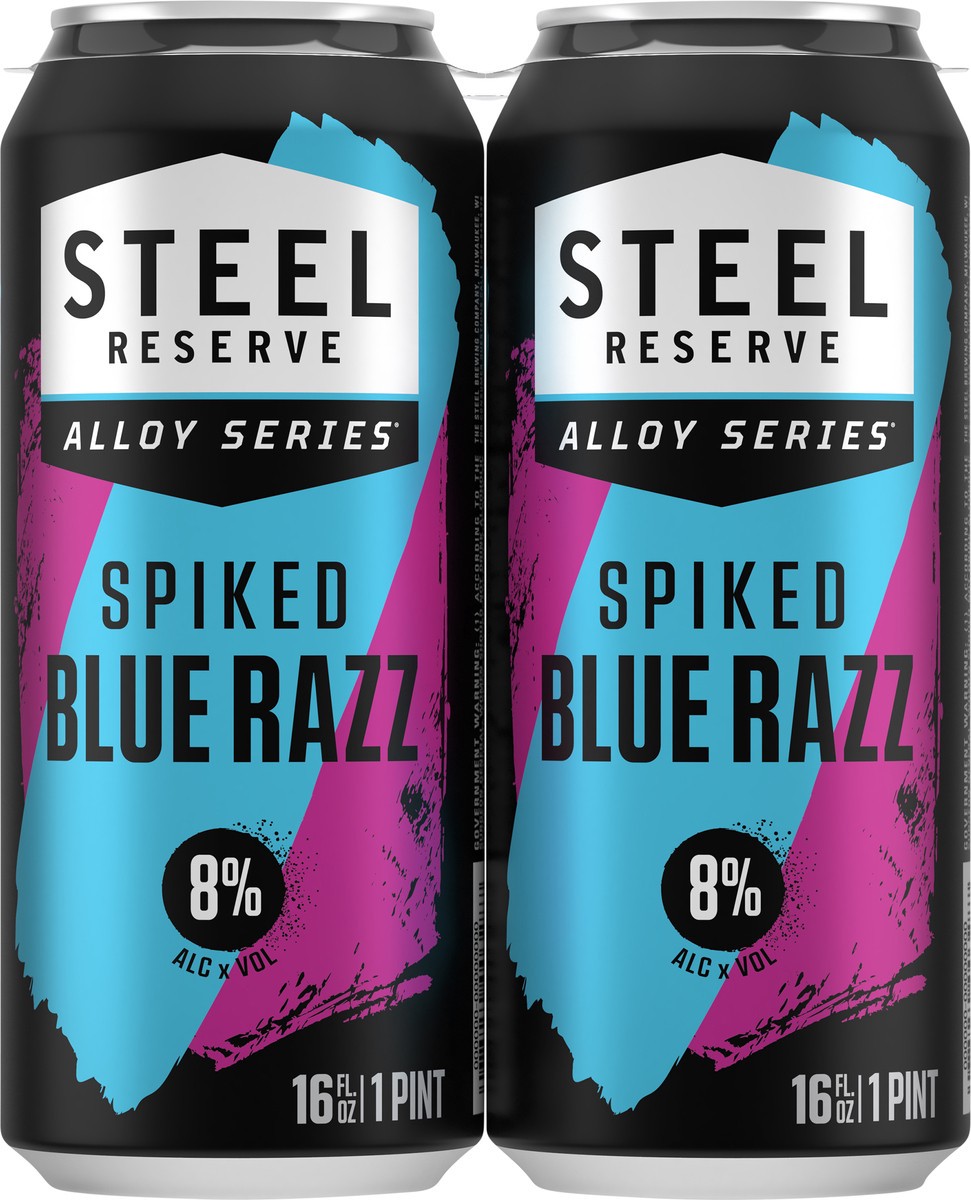 slide 11 of 11, Steel Reserve Spiked Blue Razz, Alloy Series, Flavored Malt Beverage, 4 Pack, 16 fl. oz. Cans, 8% ABV, 16 fl oz