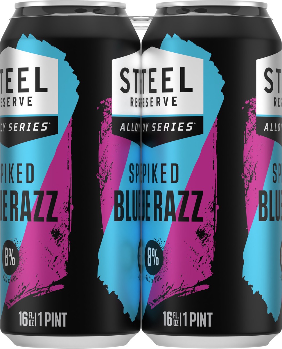 slide 4 of 11, Steel Reserve Spiked Blue Razz, Alloy Series, Flavored Malt Beverage, 4 Pack, 16 fl. oz. Cans, 8% ABV, 16 fl oz