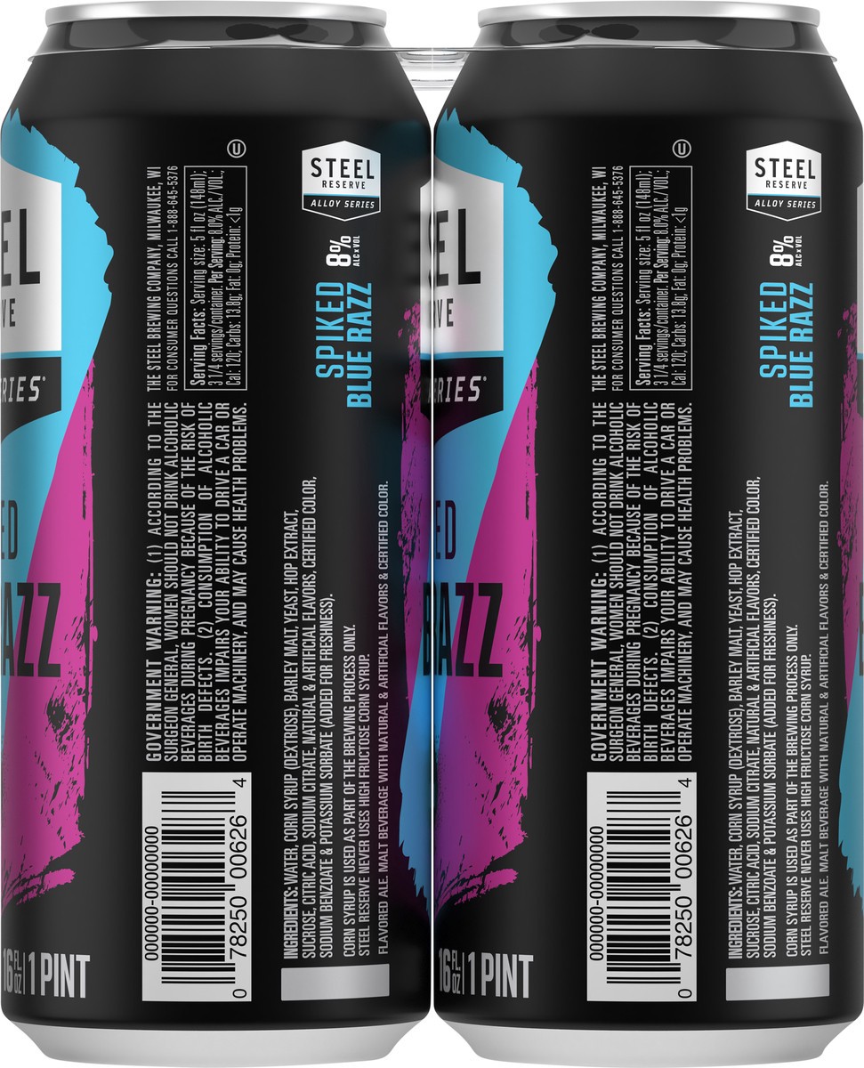 slide 9 of 11, Steel Reserve Spiked Blue Razz, Alloy Series, Flavored Malt Beverage, 4 Pack, 16 fl. oz. Cans, 8% ABV, 16 fl oz