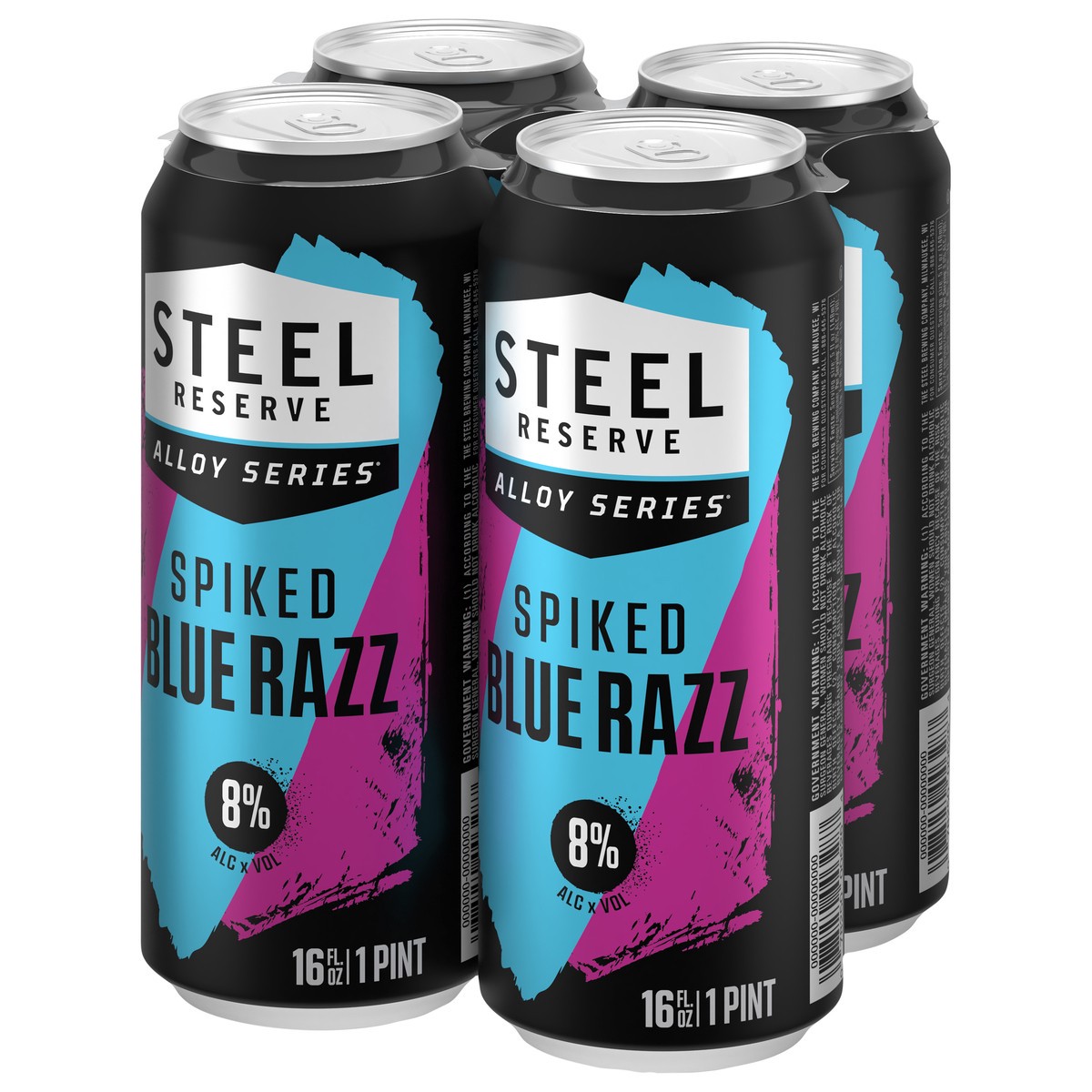 slide 7 of 11, Steel Reserve Spiked Blue Razz, Alloy Series, Flavored Malt Beverage, 4 Pack, 16 fl. oz. Cans, 8% ABV, 16 fl oz