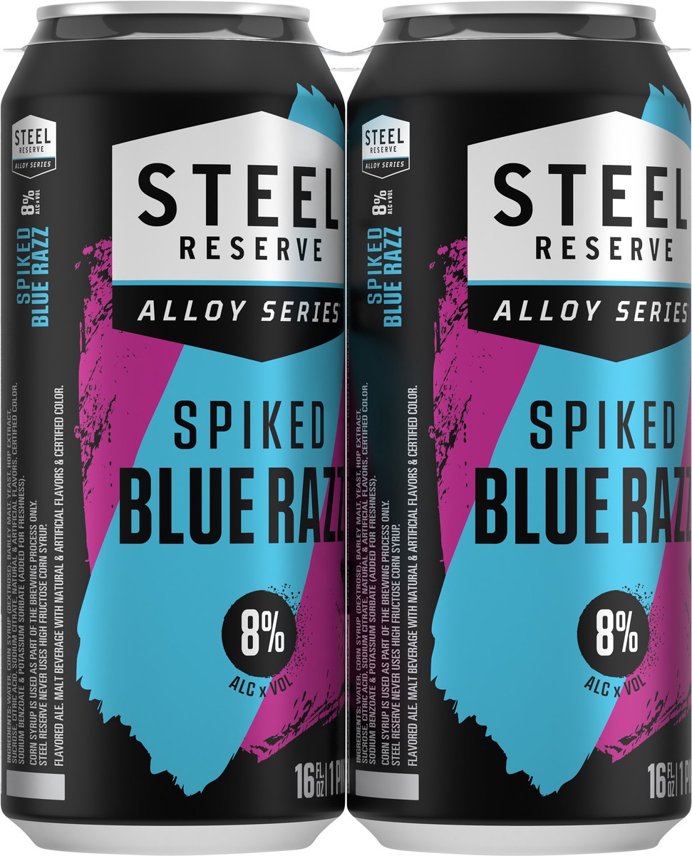 slide 8 of 11, Steel Reserve Spiked Blue Razz, Alloy Series, Flavored Malt Beverage, 4 Pack, 16 fl. oz. Cans, 8% ABV, 16 fl oz