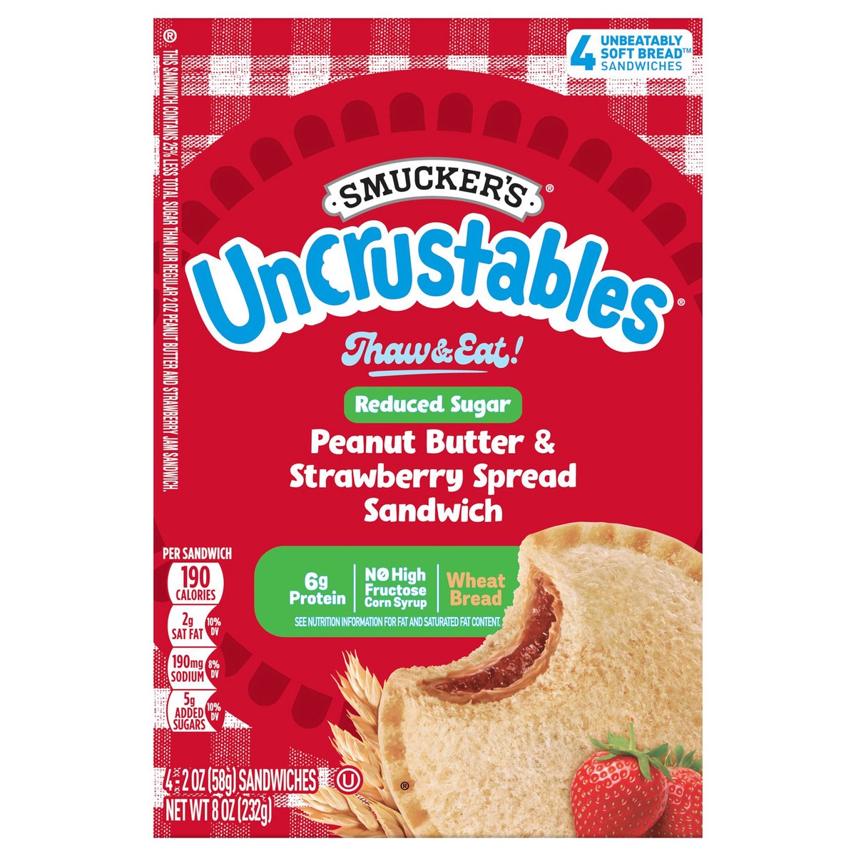 slide 1 of 26, Smucker's Uncrustables Reduced Sugar Peanut Butter & Strawberry Spread Wheat Bread Sandwiches, 2 oz, 4 count (Frozen), 4 ct