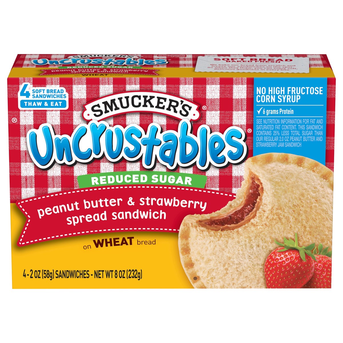 slide 1 of 26, Smucker's Uncrustables Reduced Sugar Peanut Butter & Strawberry Spread Sandwich On Wheat Bread Pack 4 ea, 4 ct