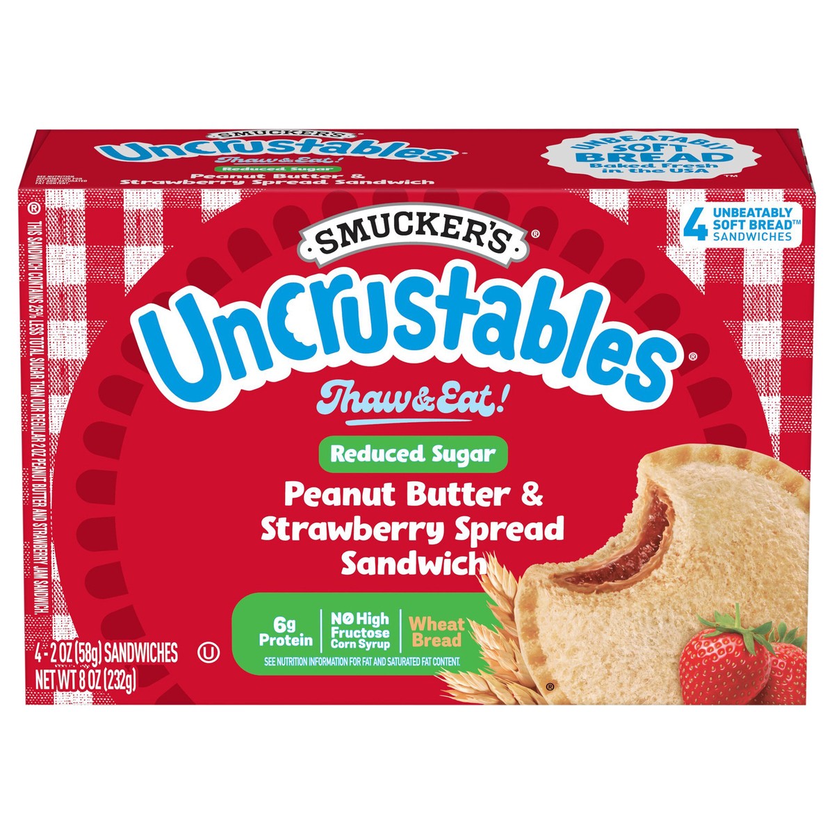 slide 1 of 26, Smucker's Uncrustables Reduced Sugar Wheat Peanut Butter & Strawberry 4 Count, Frozen, 4 ct