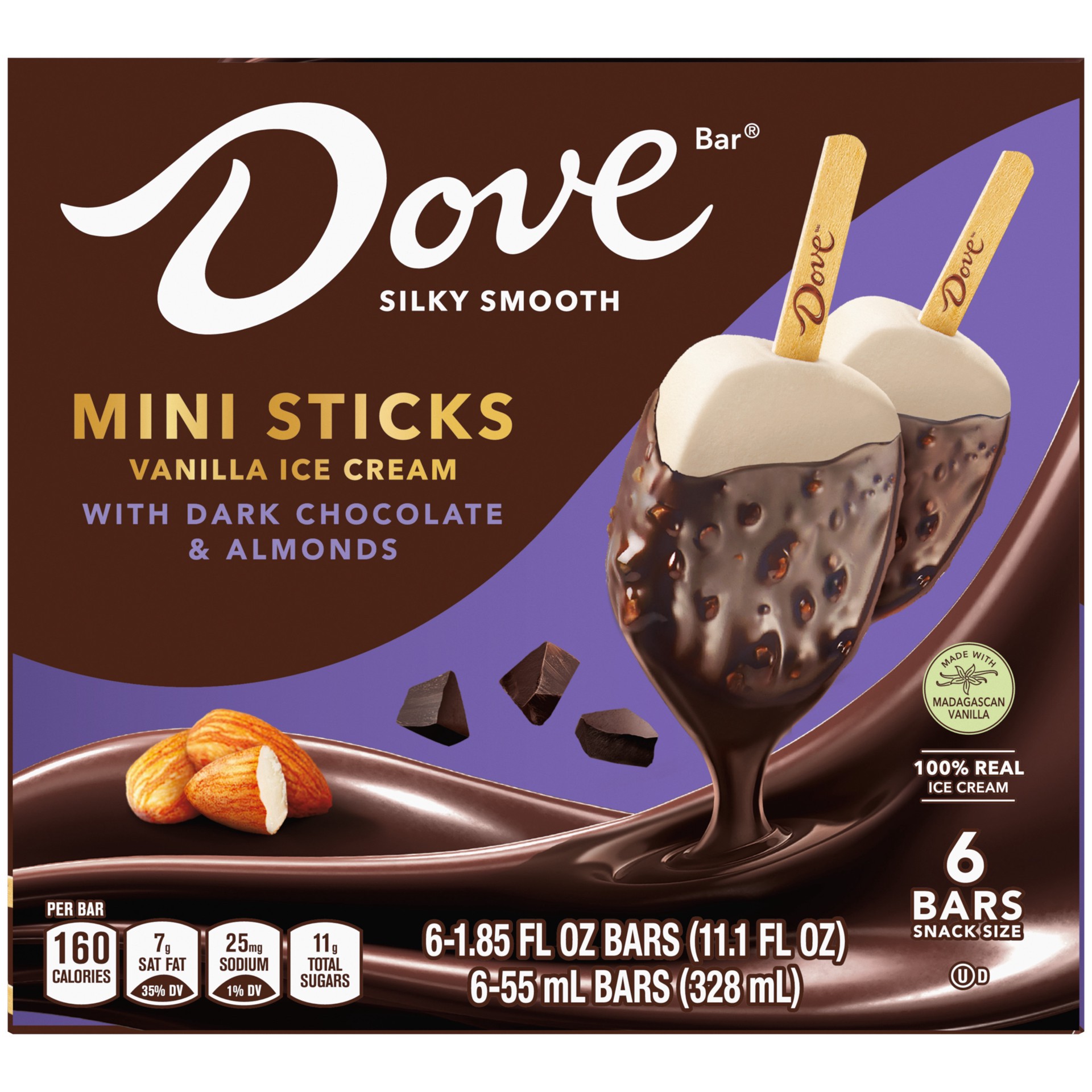 slide 1 of 4, DOVE Vanilla Ice Cream Mini Sticks with Dark Chocolate & Almonds, 6 ct