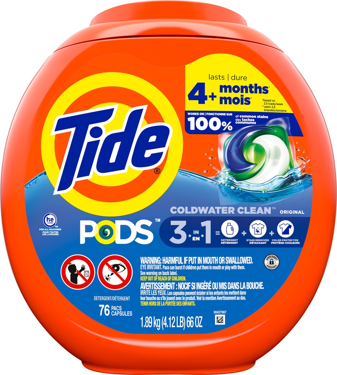 slide 2 of 8, Tide PODS laundry detergent pacs, 3-in-1 Stain Remover, Odor Fighter, Color Protector, 76 Count, HE compatible, Original Scent, 76 ct