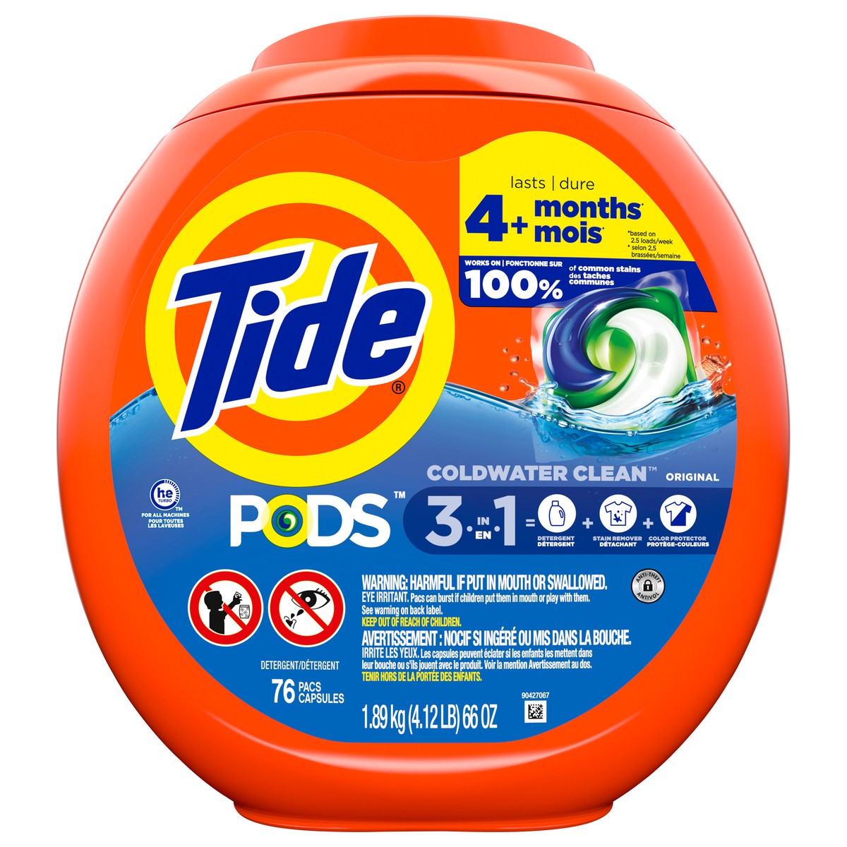 slide 5 of 8, Tide PODS laundry detergent pacs, 3-in-1 Stain Remover, Odor Fighter, Color Protector, 76 Count, HE compatible, Original Scent, 76 ct