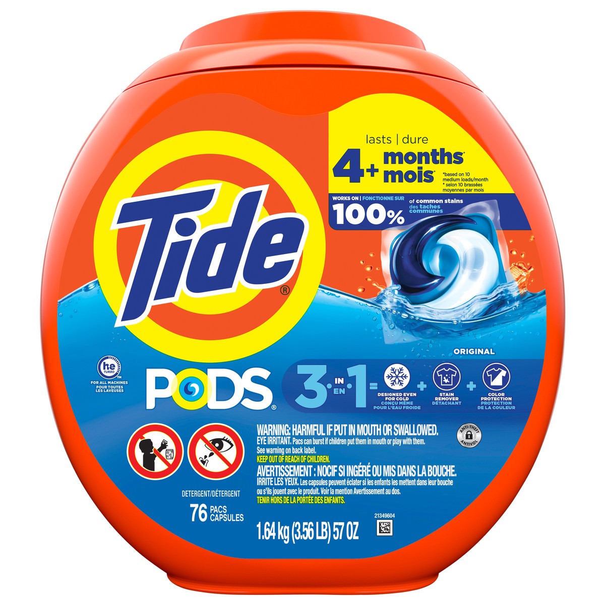 slide 1 of 8, Tide PODS laundry detergent pacs, 3-in-1 Stain Remover, Odor Fighter, Color Protector, 76 Count, HE compatible, Original Scent, 76 ct
