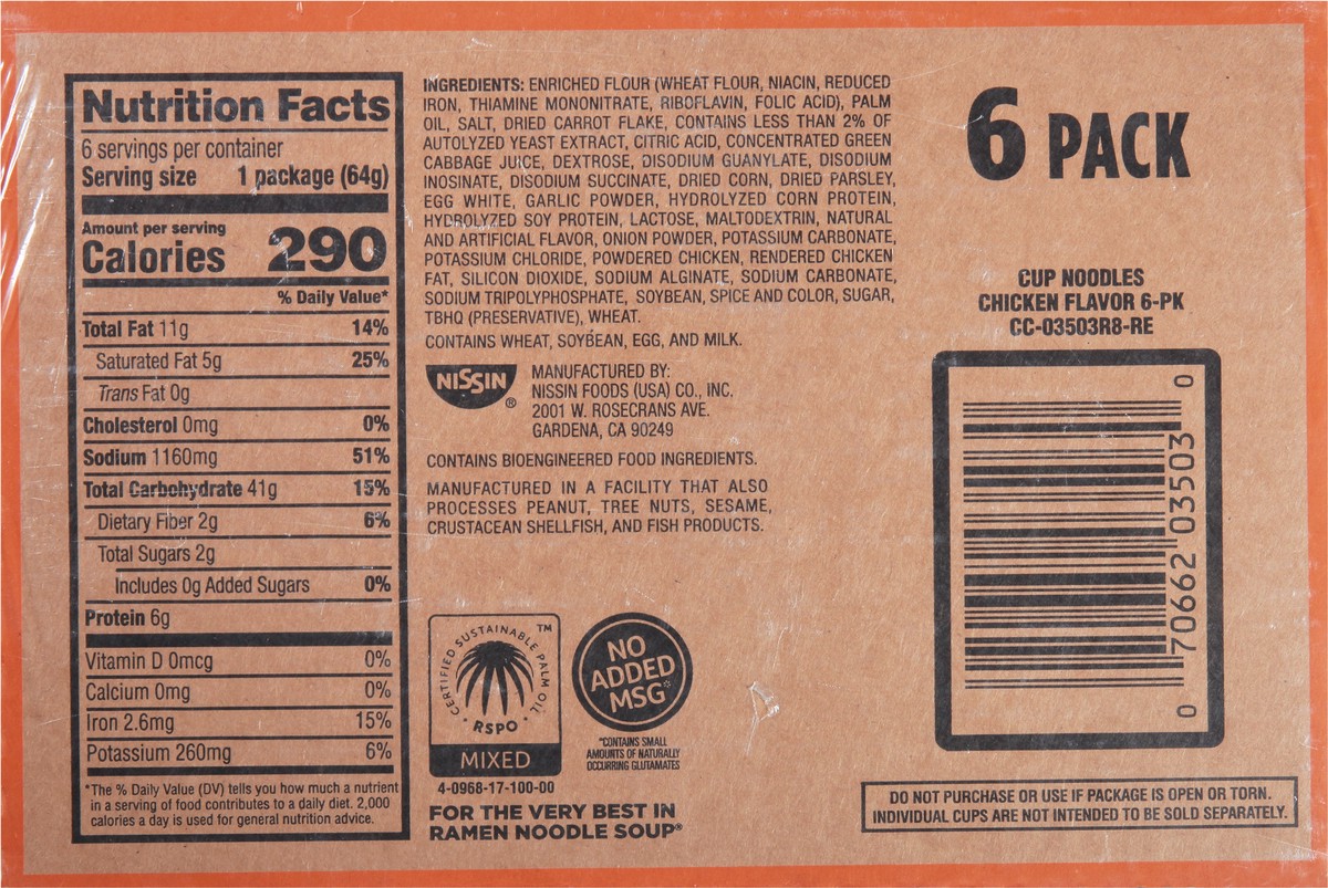 slide 6 of 9, Nissin Cup Noodles Chicken Flavor Ramen Noodle Soup 6 - 2.25 oz Cups, 6 ct