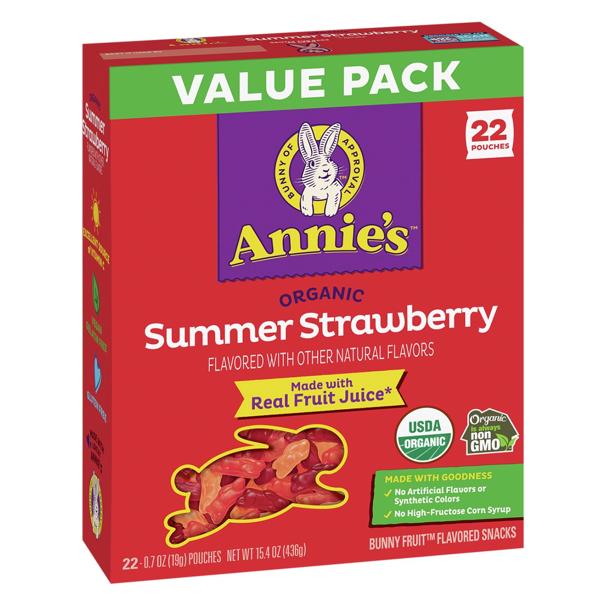slide 7 of 9, Annie's Organic Bunny Fruit Flavored Snacks, Summer Strawberry, Gluten Free, Value Pack, 22 Pouches, 15.4 oz, 22 ct