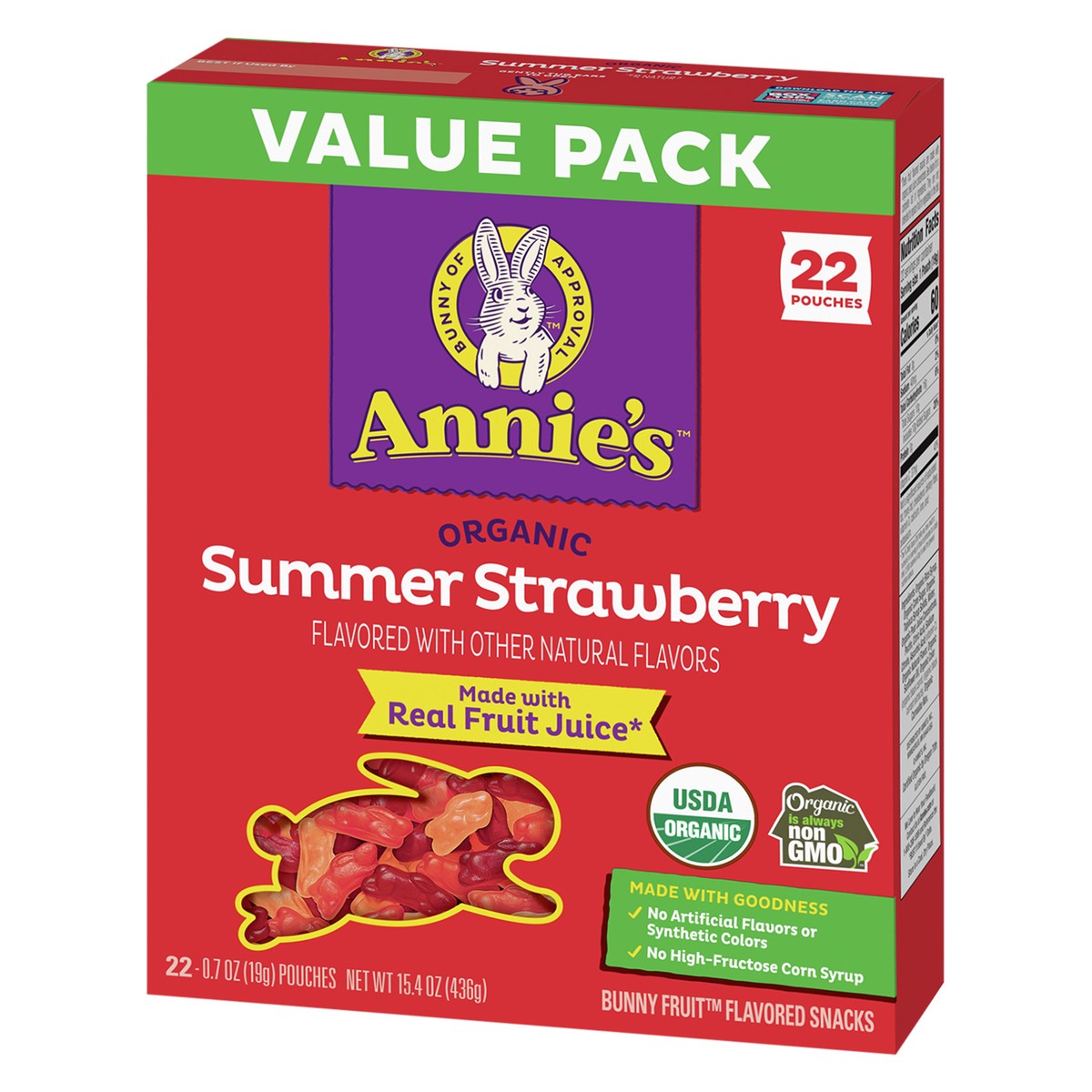 slide 2 of 9, Annie's Organic Bunny Fruit Flavored Snacks, Summer Strawberry, Gluten Free, Value Pack, 22 Pouches, 15.4 oz, 22 ct