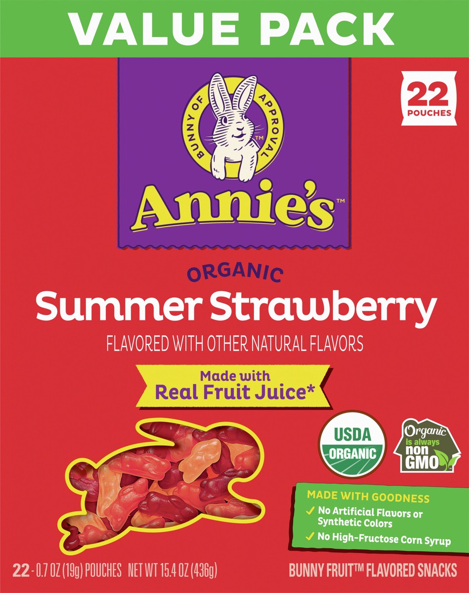 slide 6 of 9, Annie's Organic Bunny Fruit Flavored Snacks, Summer Strawberry, Gluten Free, Value Pack, 22 Pouches, 15.4 oz, 22 ct