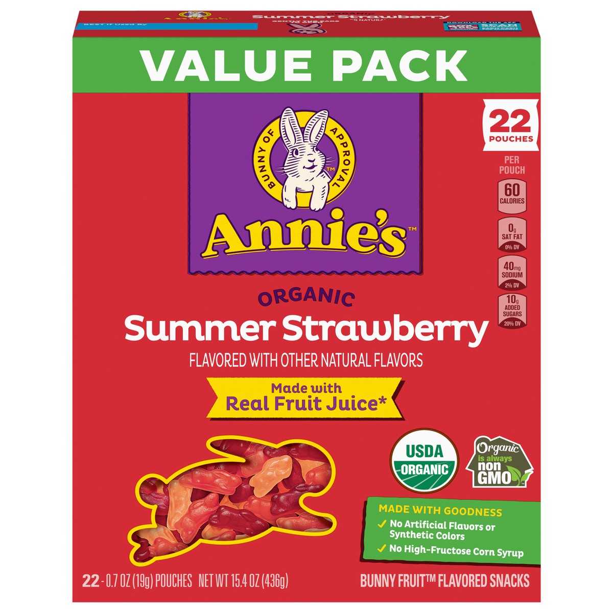 slide 1 of 9, Annie's Organic Bunny Fruit Flavored Snacks, Summer Strawberry, Gluten Free, Value Pack, 22 Pouches, 15.4 oz, 22 ct