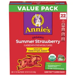 Annie's Organic Bunny Fruit Flavored Snacks, Summer Strawberry, Gluten Free, Value Pack, 22 Pouches, 15.4 oz