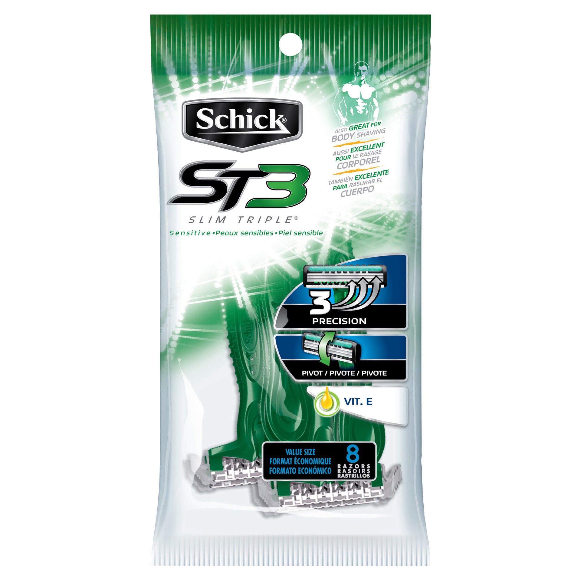 slide 1 of 1, Schick Slim Triple ST3 Sensitive Skin Men's Disposable Razor - 8 Count, 8 ct