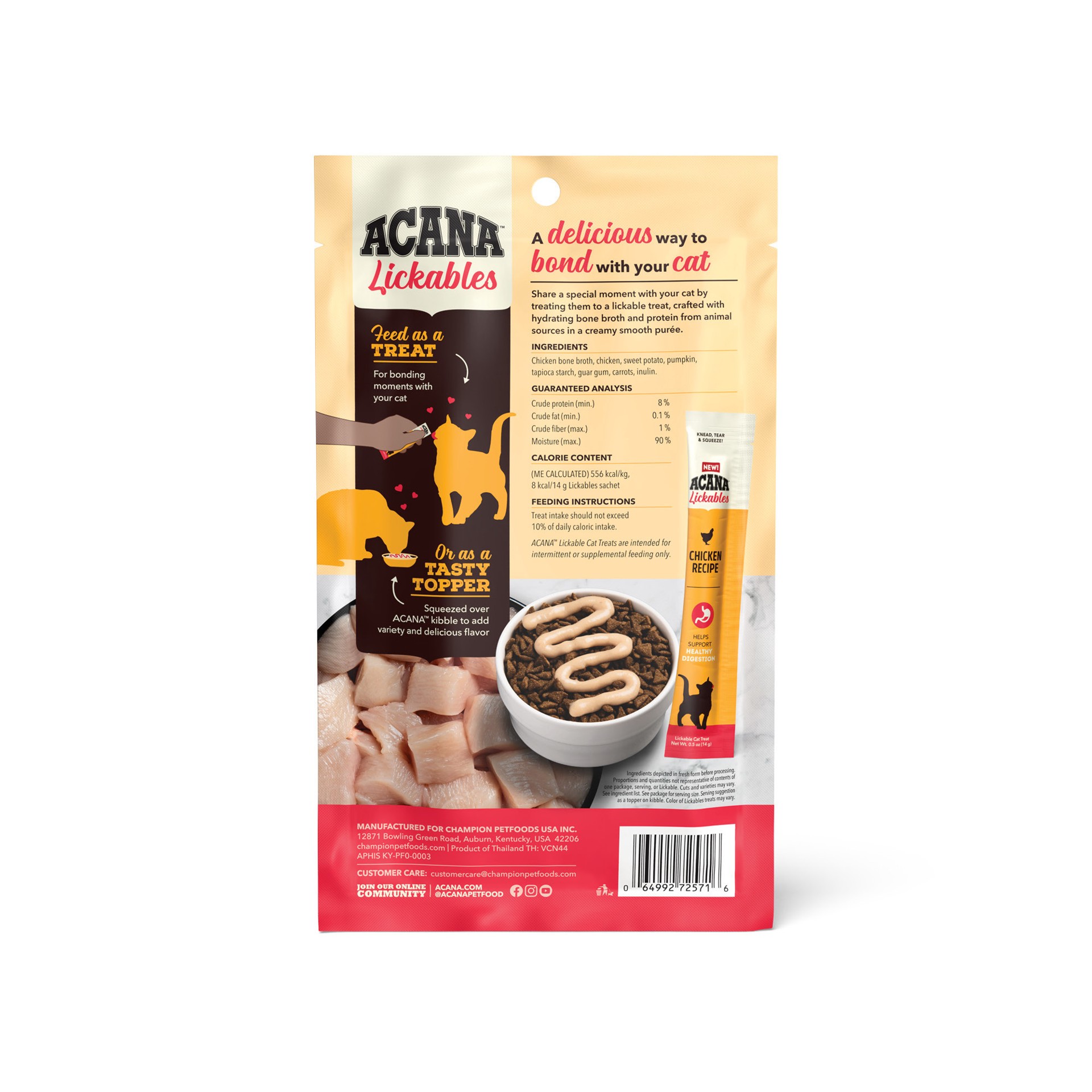 slide 3 of 3, ACANA Lickables Chicken Recipe Healthy Digestion Cat Treats, 2.5 oz., Count of 5, 1 ct