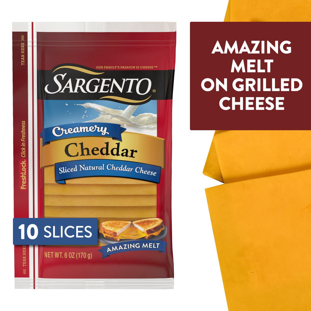 slide 1 of 10, Sargento Creamery Sliced Natural Cheddar Cheese, 6 oz., 10 slices, 6 oz