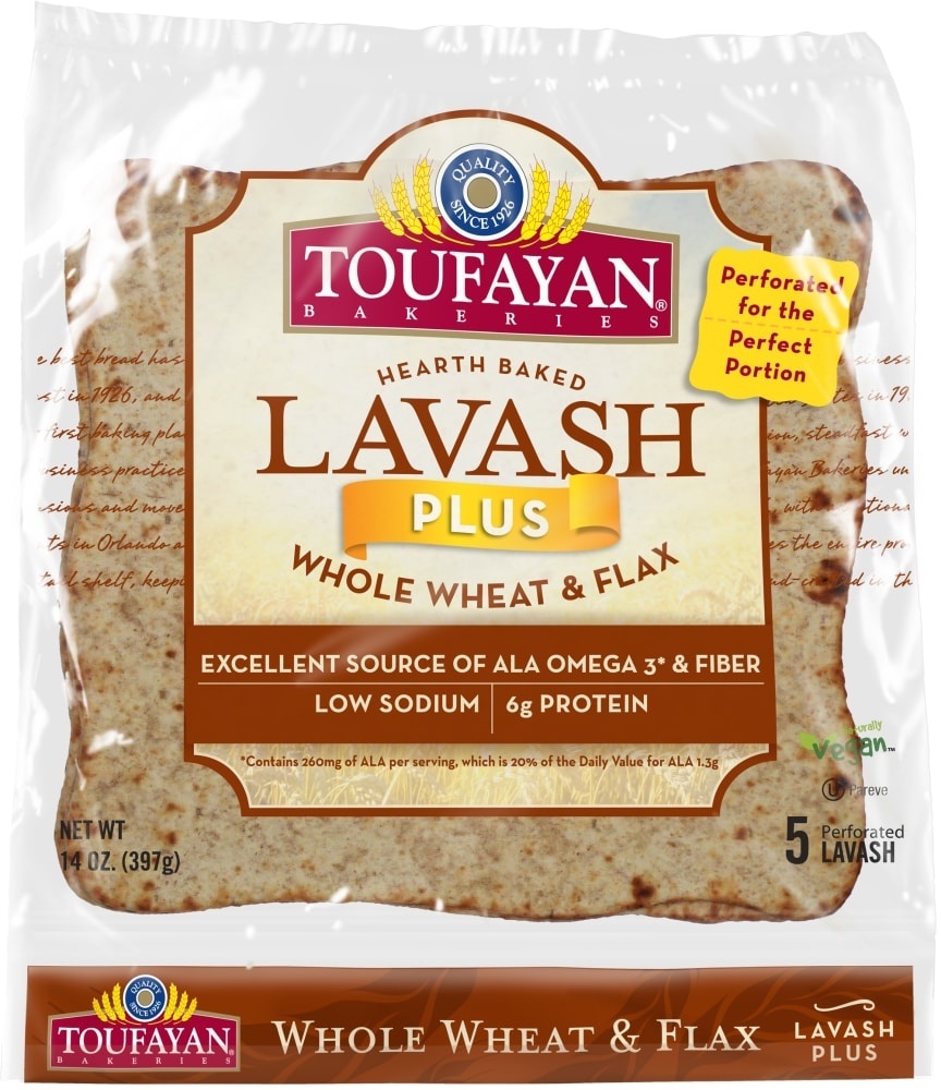 slide 1 of 1, Toufayan Lavash Plus Whole Wheat & Flax, 14 oz