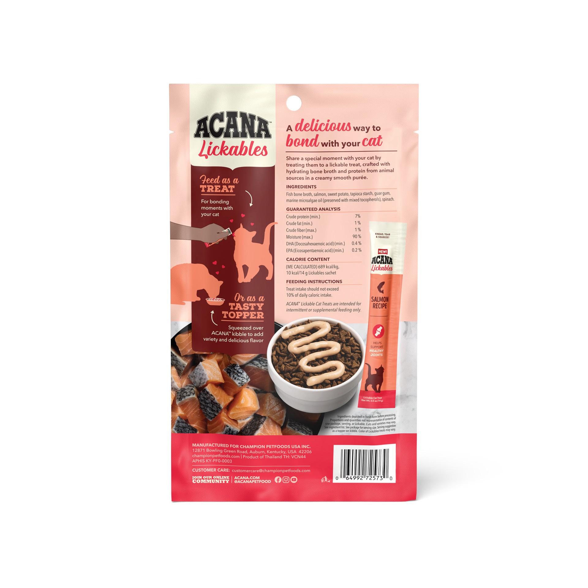 slide 2 of 3, ACANA Lickables Salmon Recipe Healthy Joints Cat Treats, 2.5 oz., Count of 5, 1 ct