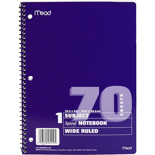 slide 1 of 1, Mead Spiral Notebook, 1 Subject, Wide Ruled, 70 ct