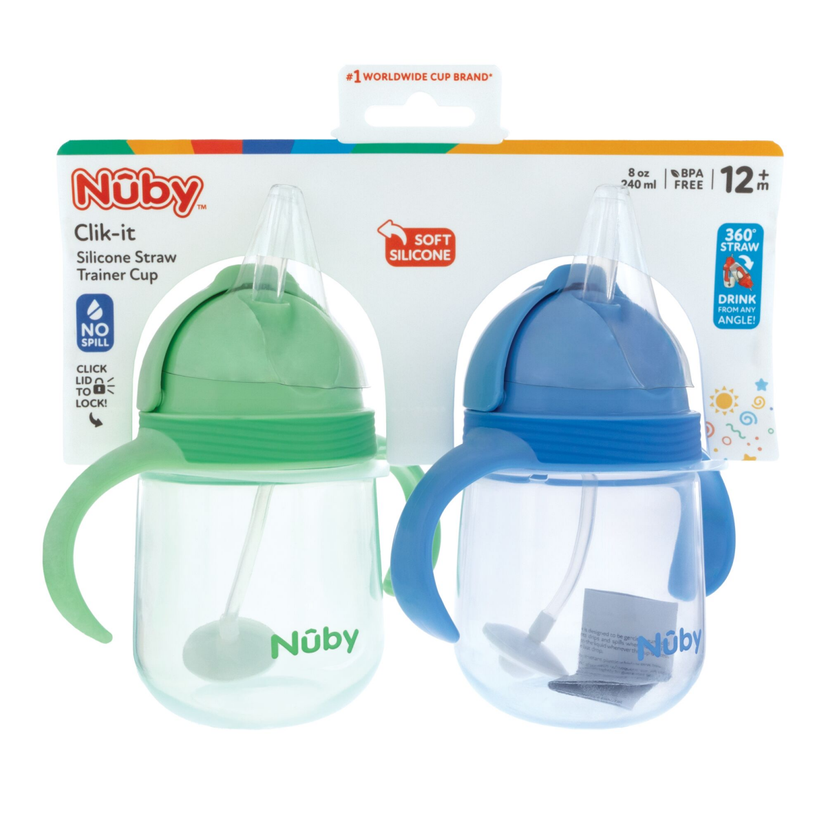 slide 1 of 17, Nuby 12m+ Clik-it Silicone Straw Trainer Cup 2 ea, 2 ct