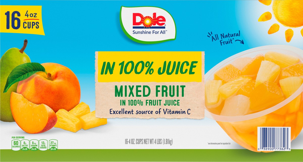 slide 5 of 11, DOLE Fruit Bowls Mixed Fruit in 100% Fruit Juice Fruit Cup 16-4 oz. Cups, 16 ct