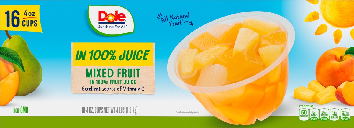 slide 8 of 11, DOLE Fruit Bowls Mixed Fruit in 100% Fruit Juice Fruit Cup 16-4 oz. Cups, 16 ct