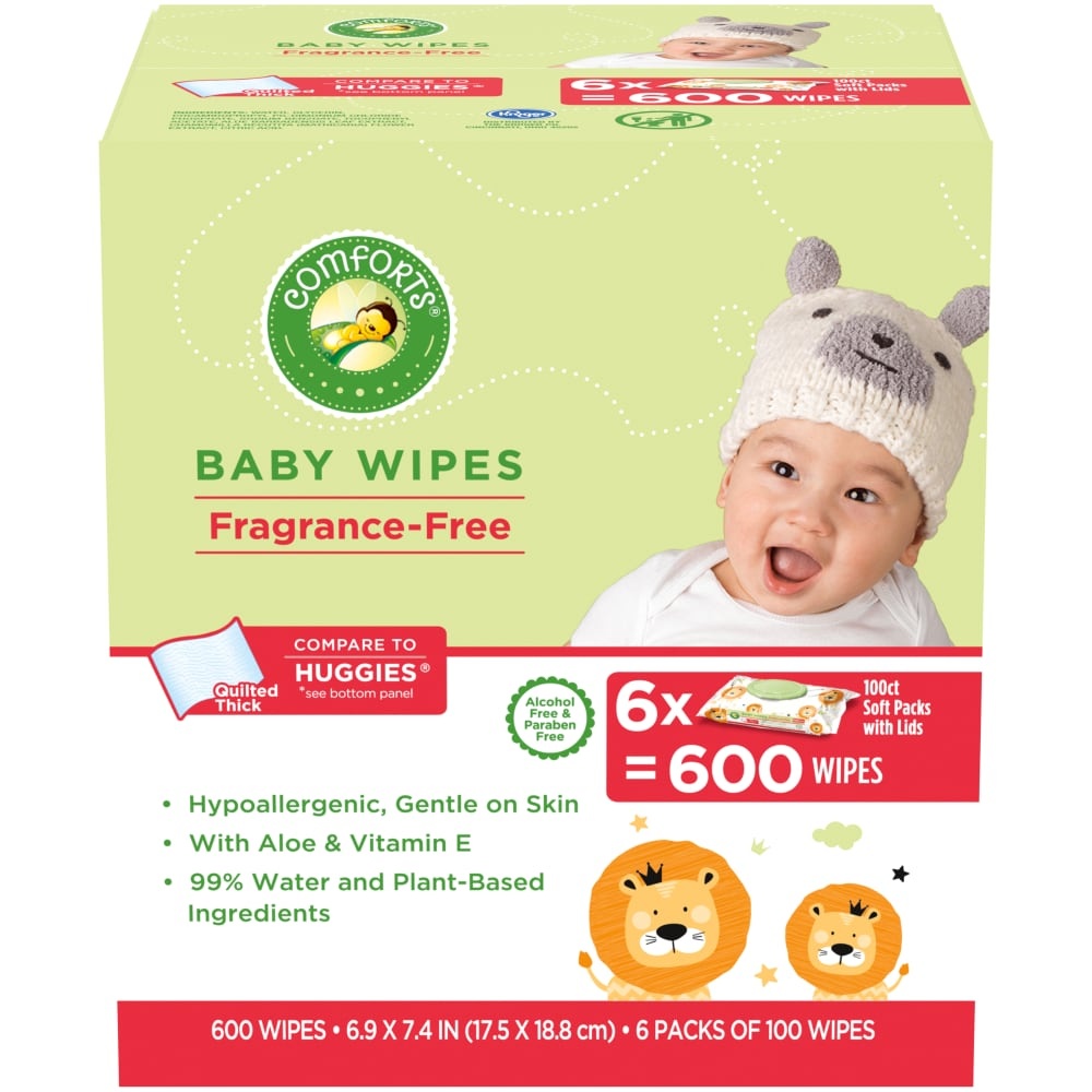 slide 1 of 1, Comforts Fragrance-Free Baby Wipes Soft Packs, 6 ct / 100 ct