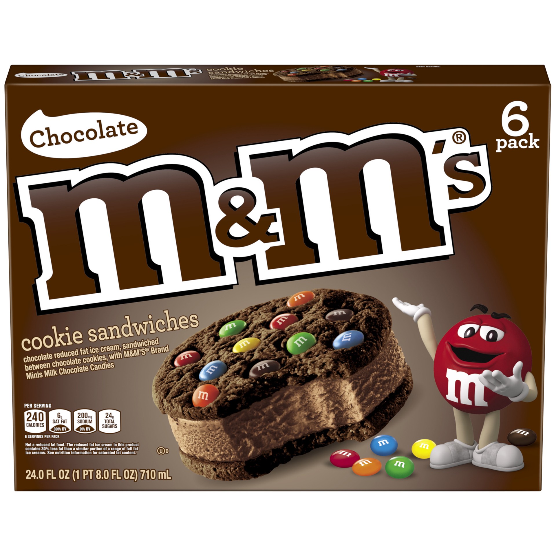 slide 1 of 3, M&M's Chocolate Ice Cream Cookie Sandwiches 6pk, 24 fl oz