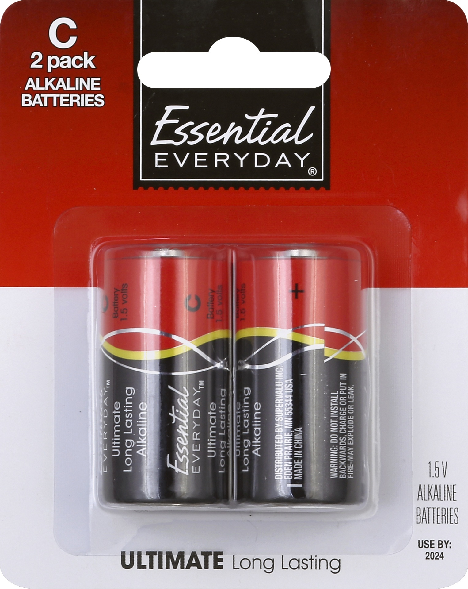 slide 1 of 1, Essential Everyday Batteries, Alkaline, C, 2 Pack, 2 ct