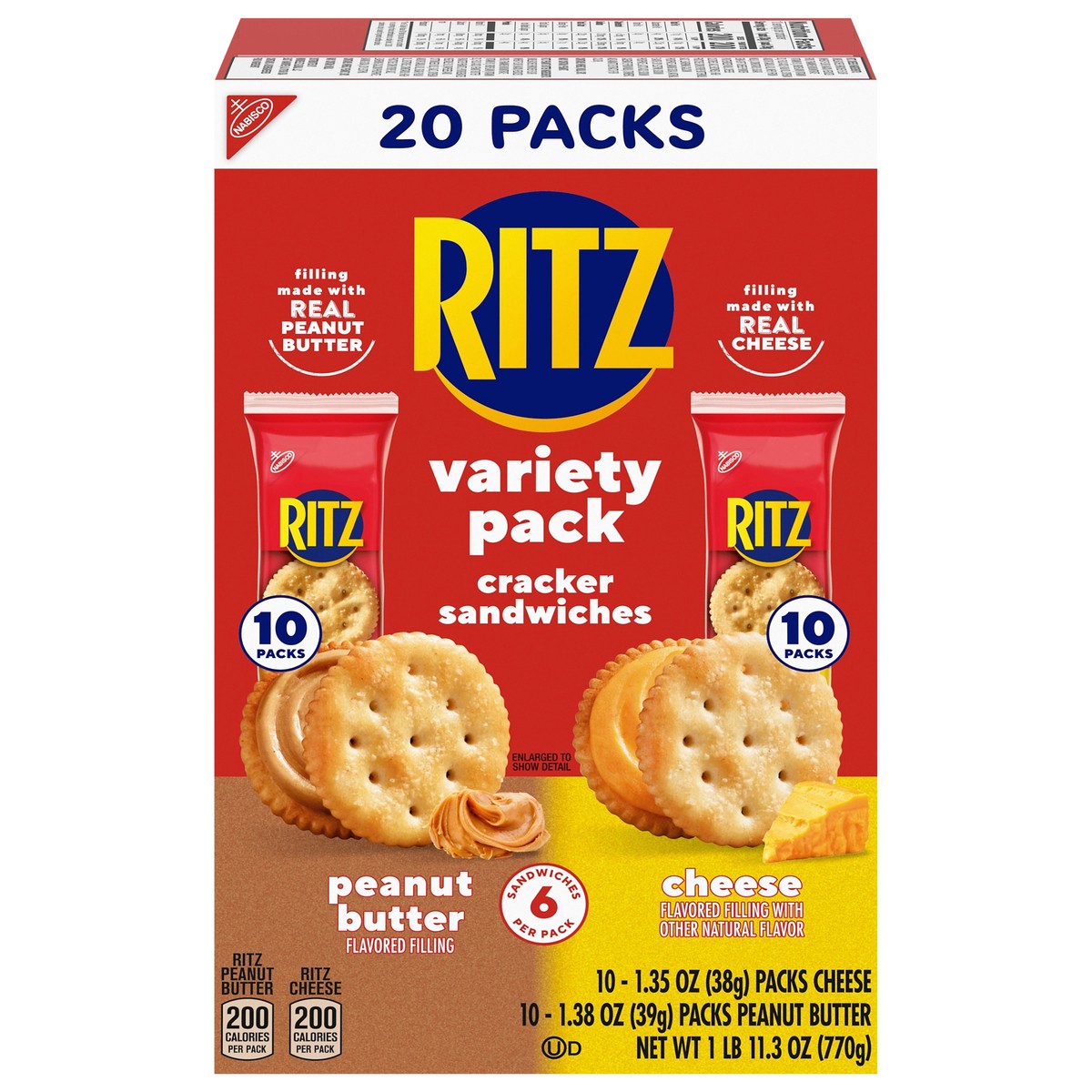 slide 1 of 15, RITZ Peanut Butter and Cheese Sandwich Crackers Variety Pack, Lunch Snacks, 20 Snack Packs (6 Crackers Per Pack), 27.3 oz