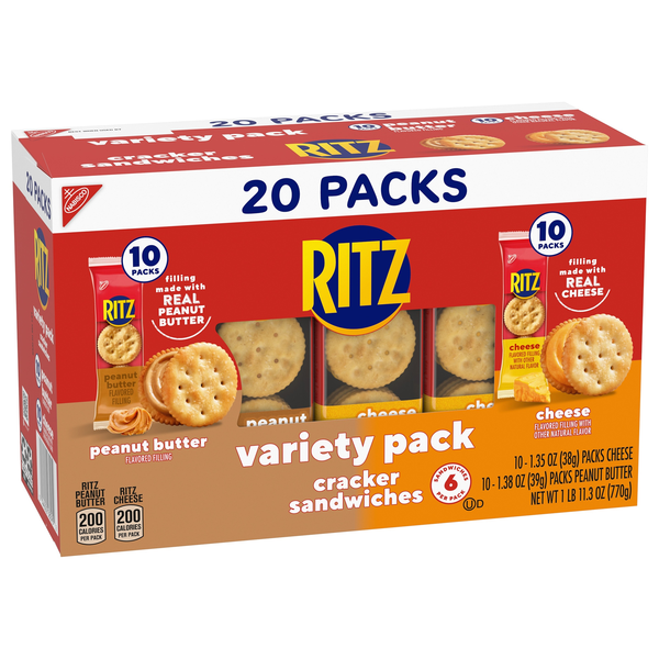 slide 1 of 1, RITZ Peanut Butter and Cheese Sandwich Crackers Variety Pack, Lunch Snacks, 20 Snack Packs (6 Crackers Per Pack), 27.3 oz