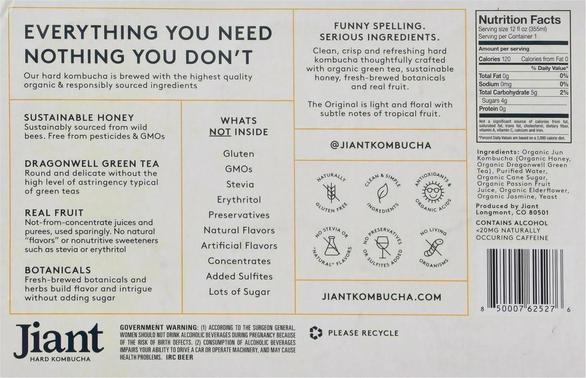 slide 9 of 14, Jiant The Original Passion Fruit & Elderflower Hard Kombucha 6 - 12 oz ea, 6 ct