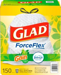 Glad ForceFlex Tall Kitchen Drawstring Trash Bags, 13 Gallon White Trash Bag, Gain Original scent with Febreze Freshness, 150 Count