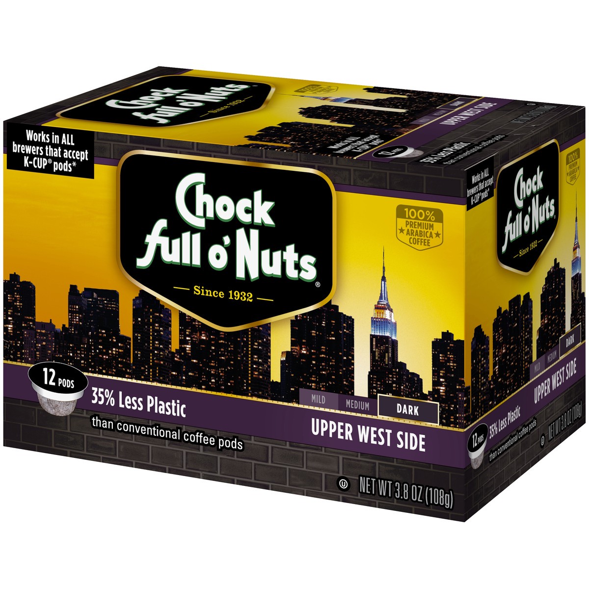 slide 8 of 8, Chock Full O' Nuts Upper West Side Dark Roast Coffee Single Serve Pods, 12 ct; 3.8 oz