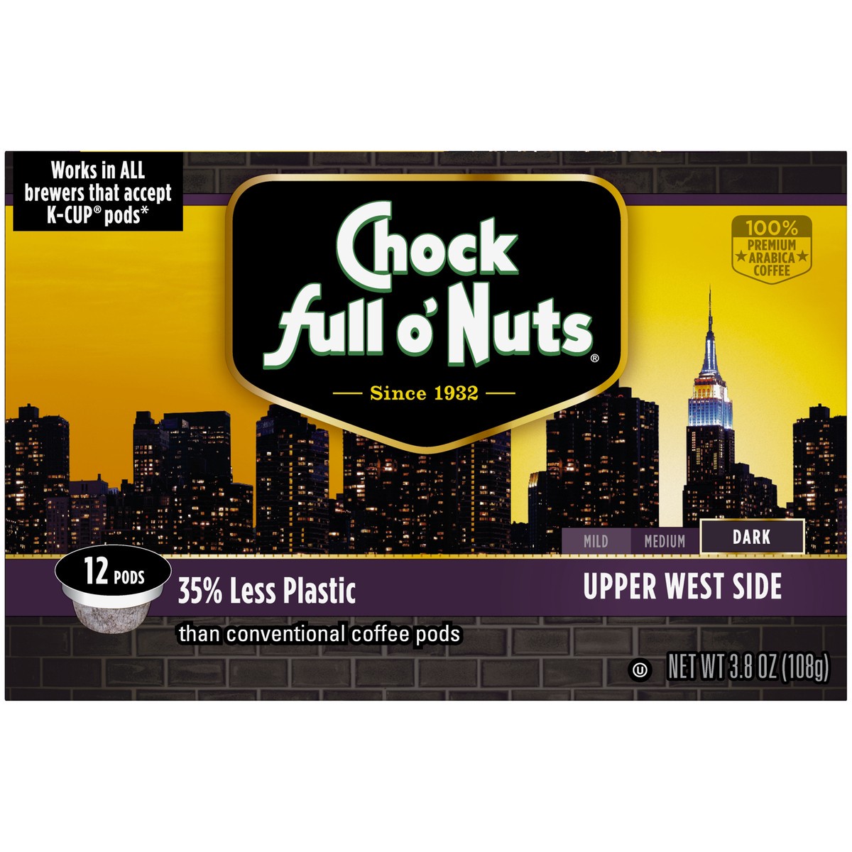 slide 4 of 8, Chock Full O' Nuts Upper West Side Dark Roast Coffee Single Serve Pods, 12 ct; 3.8 oz