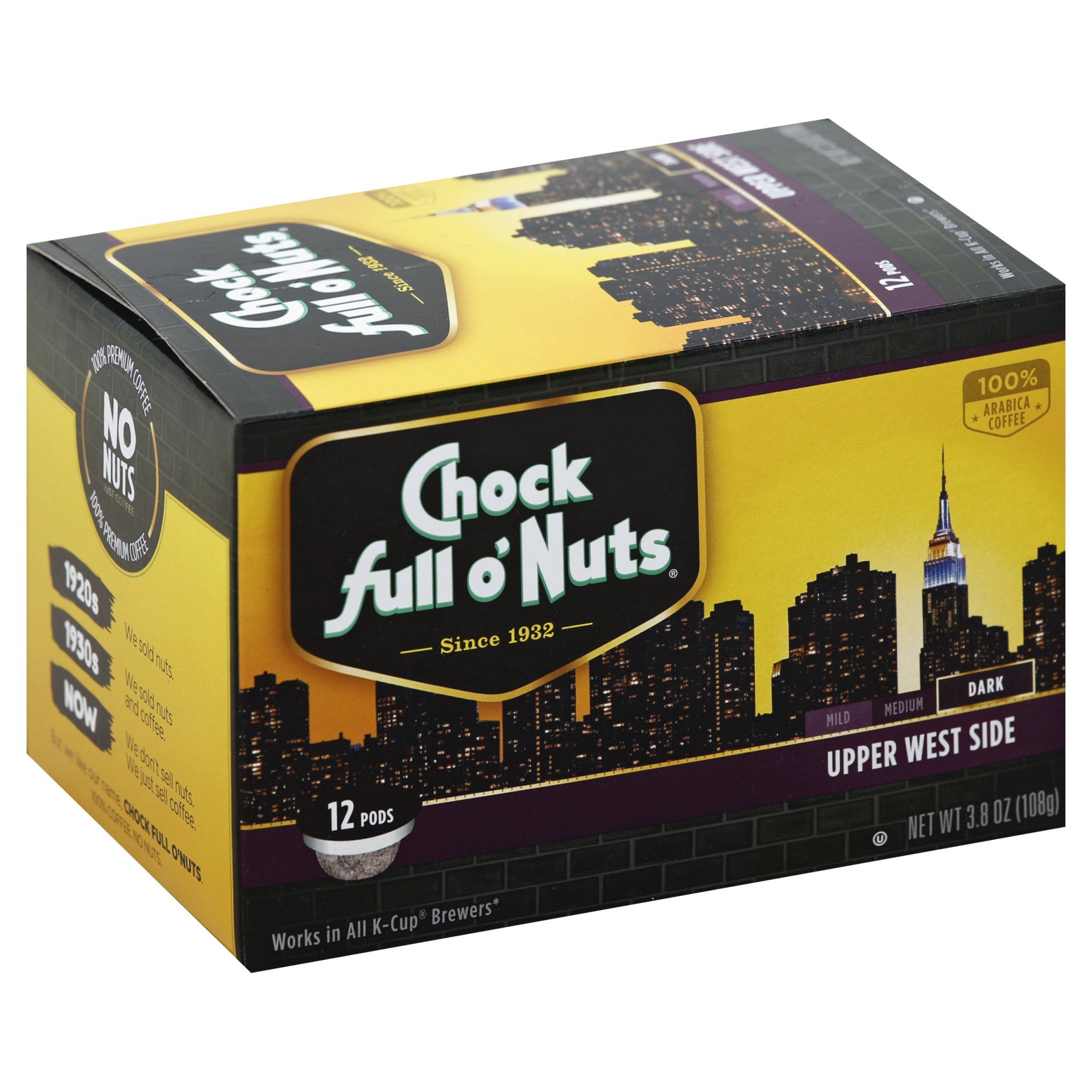 slide 1 of 8, Chock Full O' Nuts Upper West Side Dark Roast Coffee Single Serve Pods, 12 ct; 3.8 oz