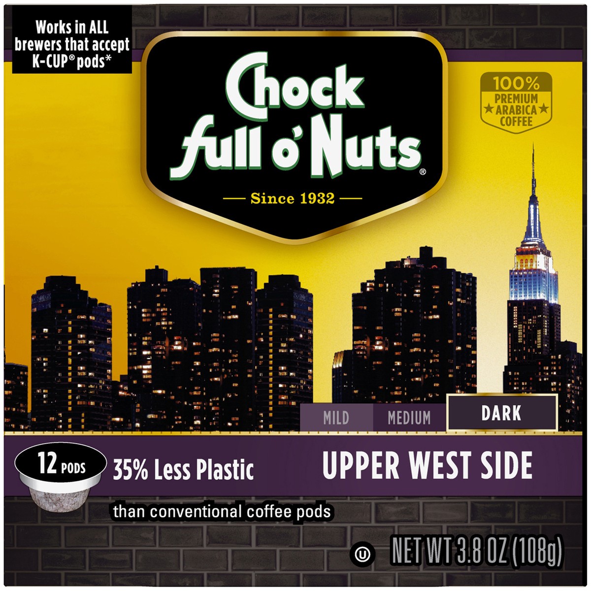 slide 6 of 8, Chock Full O' Nuts Upper West Side Dark Roast Coffee Single Serve Pods, 12 ct; 3.8 oz