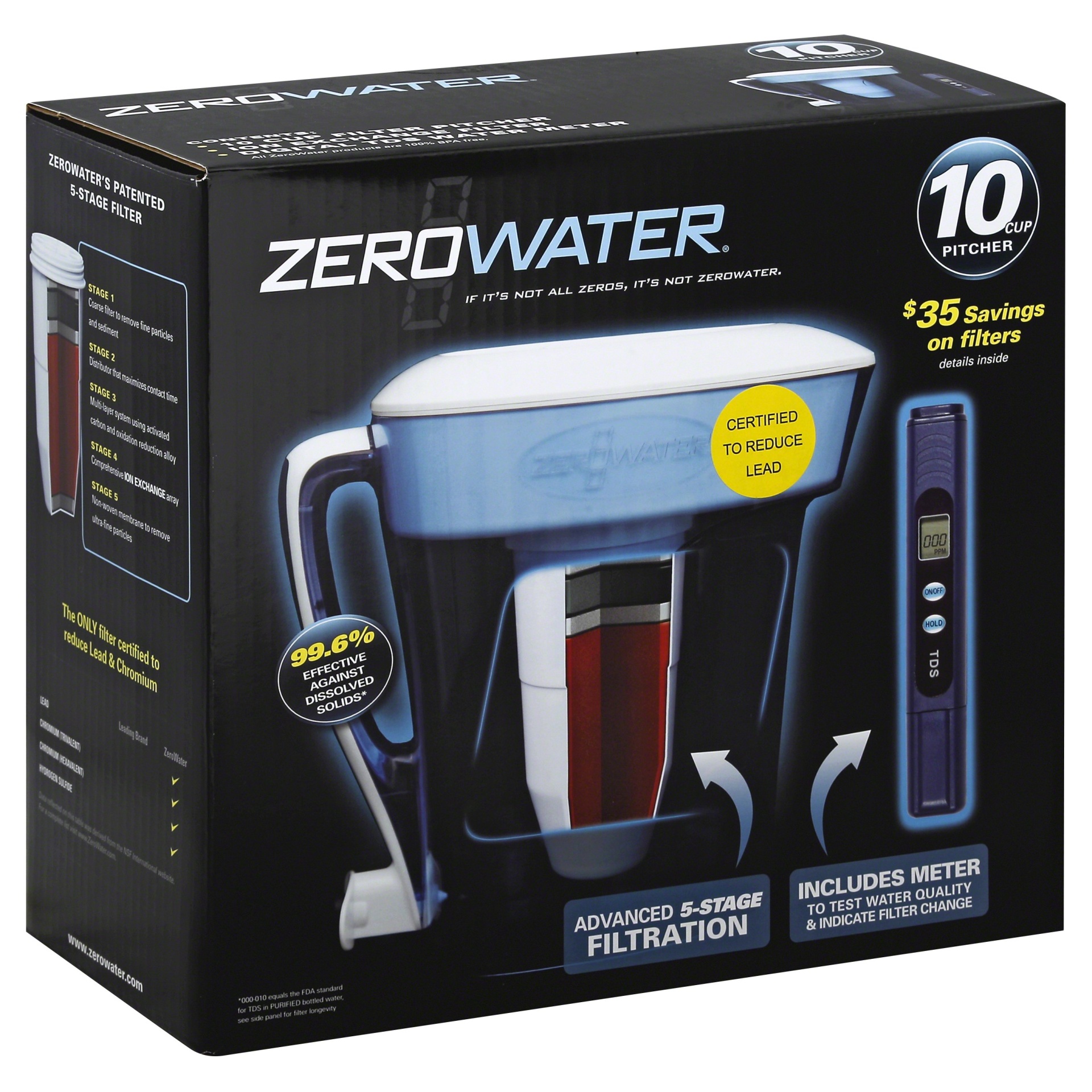 slide 1 of 1, ZeroWater 10 Cup Ready Pour Pitcher With Free TDS Light-Up Indicator (Total Dissolved Solids), 1 ct