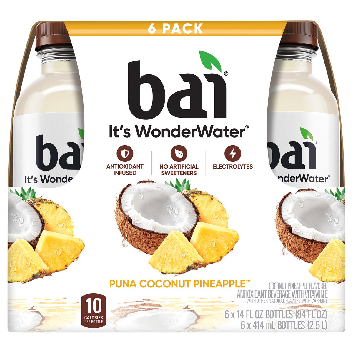 slide 1 of 12, Bai Coconut Flavored Water, Puna Coconut Pineapple, Antioxidant Infused Beverage, 14 fl oz Bottles, 6 Pack, 6 ct