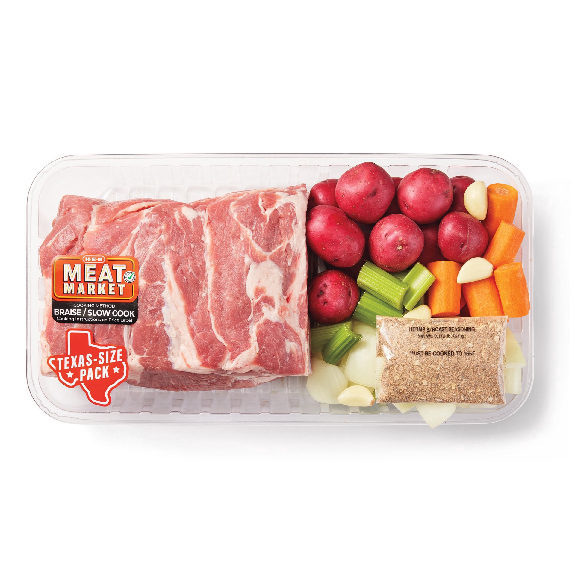 slide 1 of 1, H-E-B Meat Market Pork Roast Kit - Bone-In Picnic Roast & Vegetables - Texas-Size Pack, per lb