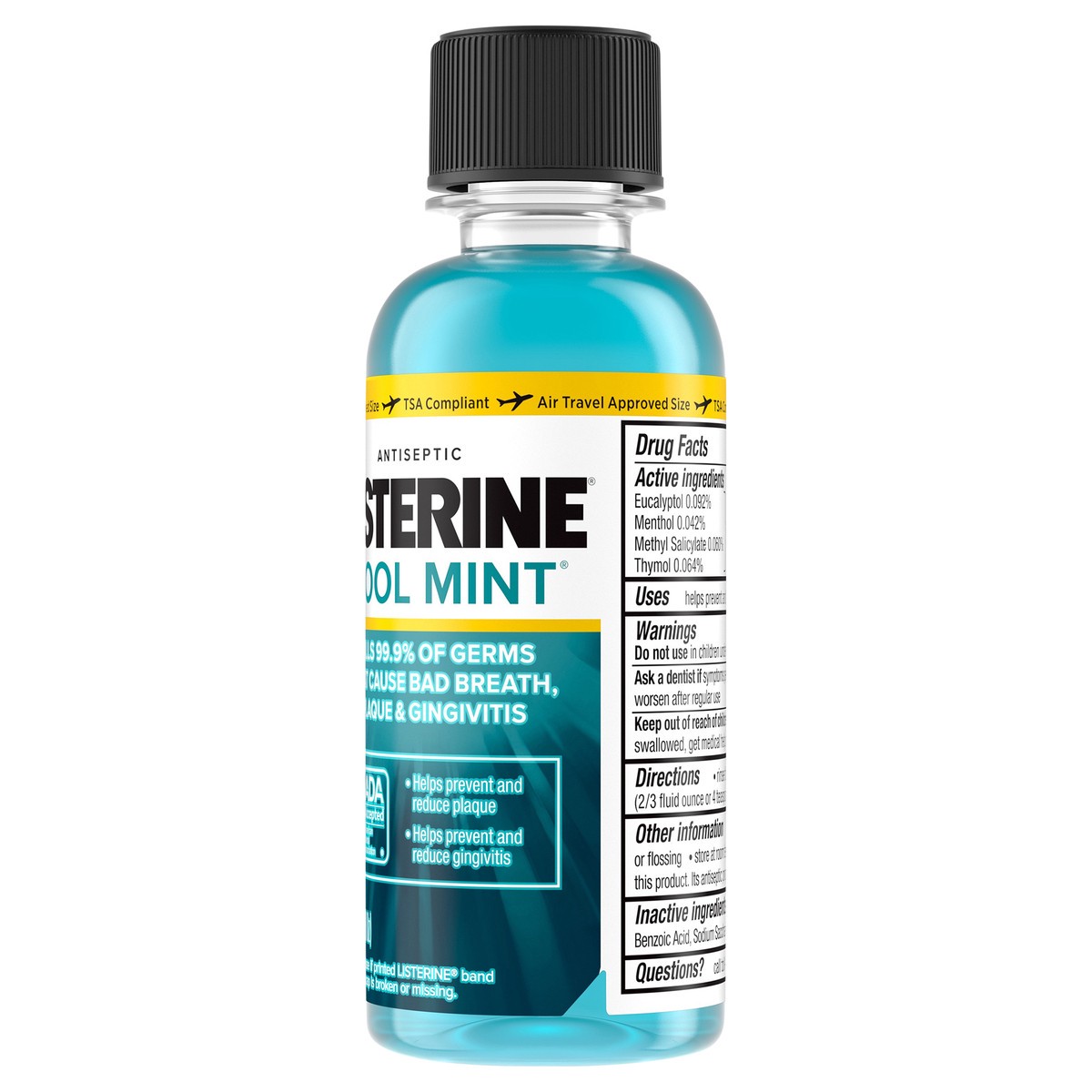 slide 3 of 7, Listerine Cool Mint Antiseptic Mouthwash, Daily Oral Rinse Kills 99% of Germs that Cause Bad Breath, Plaque and Gingivitis for a Fresher, Cleaner Mouth, Cool Mint, Travel Size, 3.2 oz, 3.20 fl oz