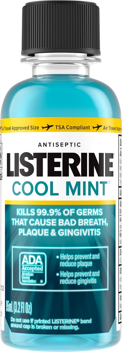 slide 6 of 7, Listerine Cool Mint Antiseptic Mouthwash, Daily Oral Rinse Kills 99% of Germs that Cause Bad Breath, Plaque and Gingivitis for a Fresher, Cleaner Mouth, Cool Mint, Travel Size, 3.2 oz, 3.20 fl oz