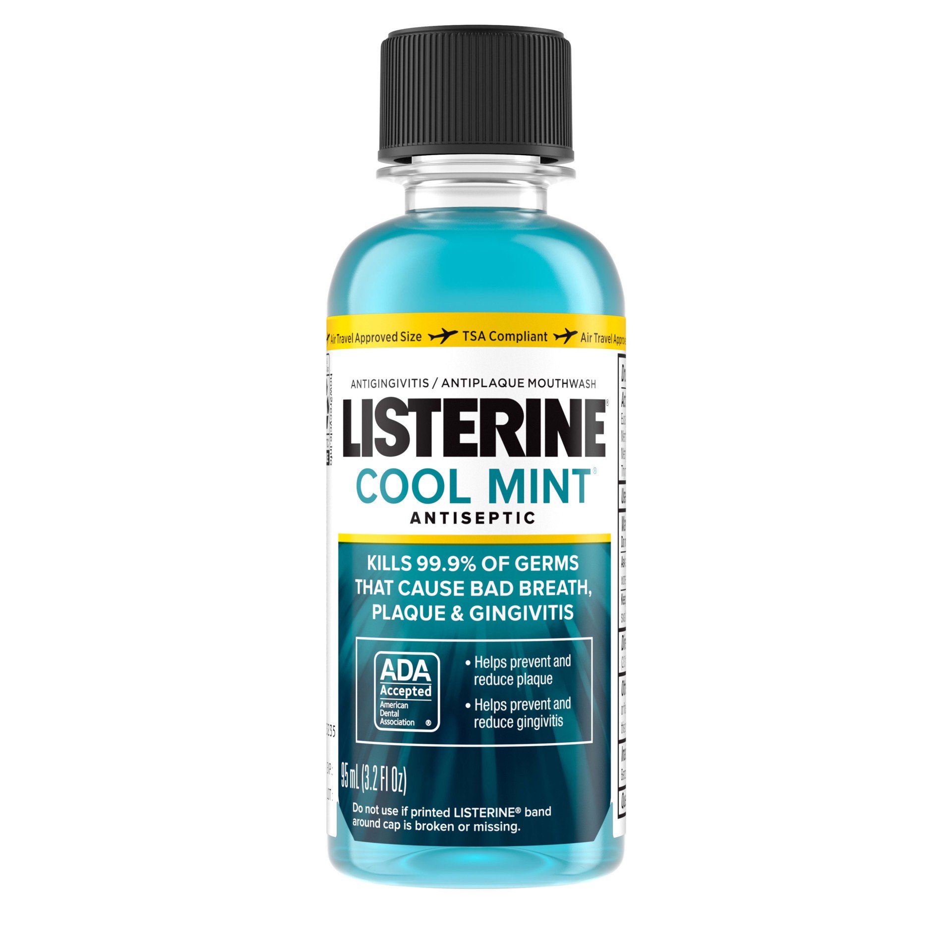 slide 1 of 7, Listerine Cool Mint Antiseptic Mouthwash, Daily Oral Rinse Kills 99% of Germs that Cause Bad Breath, Plaque and Gingivitis for a Fresher, Cleaner Mouth, Cool Mint, Travel Size, 3.2 oz, 3.20 fl oz