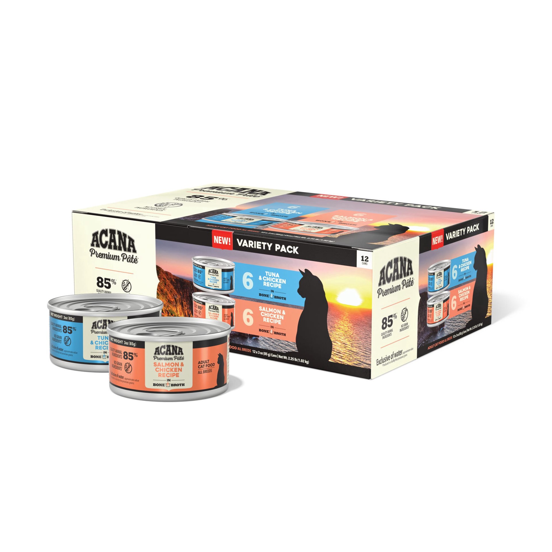 slide 1 of 1, ACANA Premium Pate Salmon & Chicken + Tuna & Chicken Recipe Variety Pack Wet Cat Food, 3 oz., 1 ct