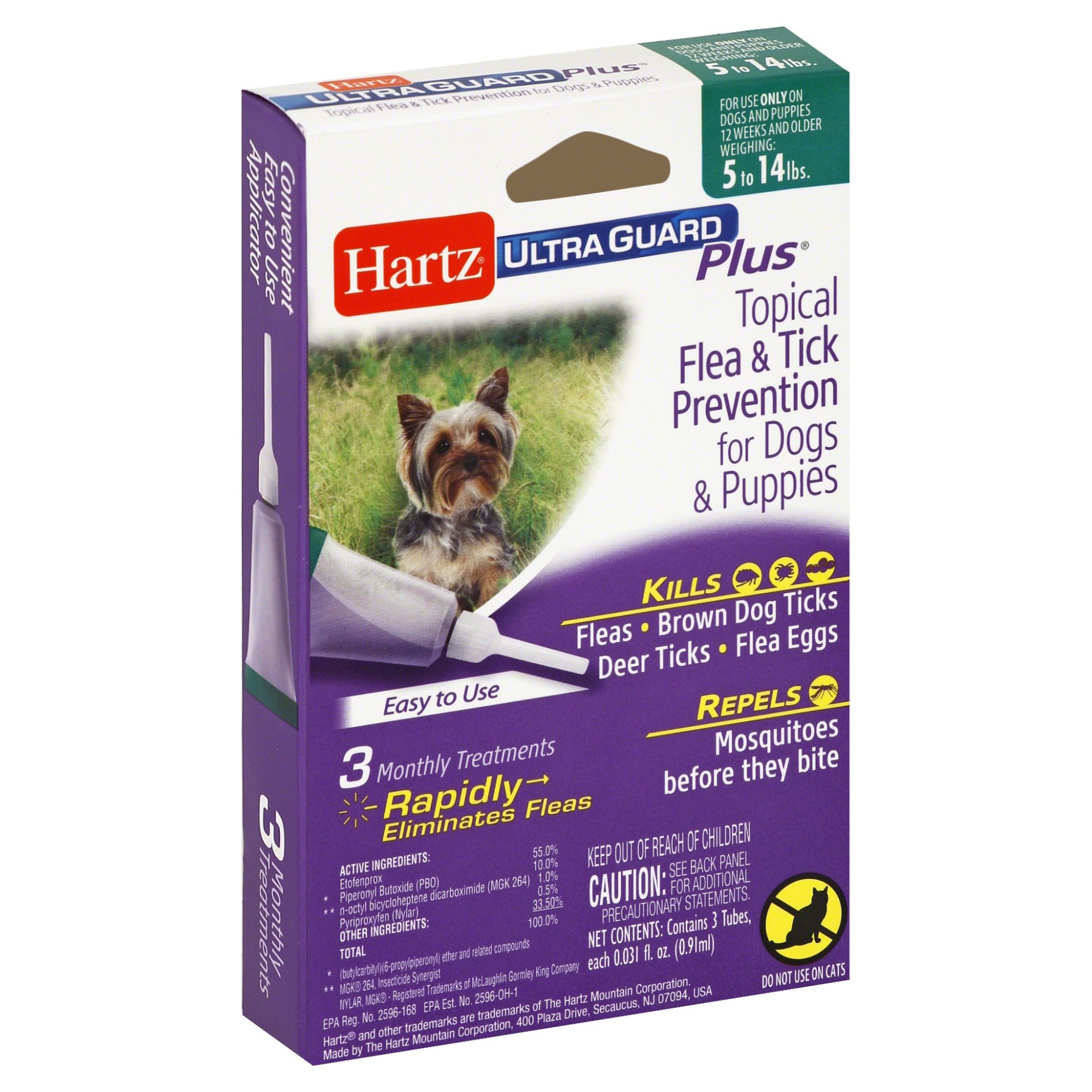 slide 1 of 1, Hartz Flea & Tick Prevention, Topical, for Dogs & Puppies 5 to 14 Pounds, 3 ct