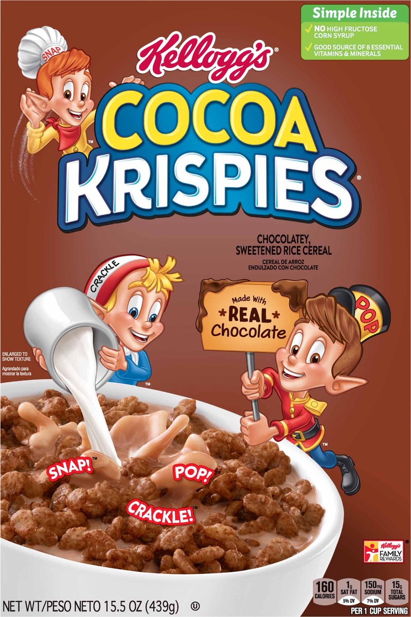 slide 8 of 8, Cocoa Krispies Breakfast Cereal, Kids Snacks, Family Breakfast, Chocolatey Flavor, 15.5oz Box, 1 Box, 15.5 oz